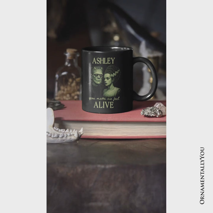 Frankenstein And Bride You Make Me Feel Alive Personalized Mug, Valentine Retro Horror Couples Love Gift with Custom Name