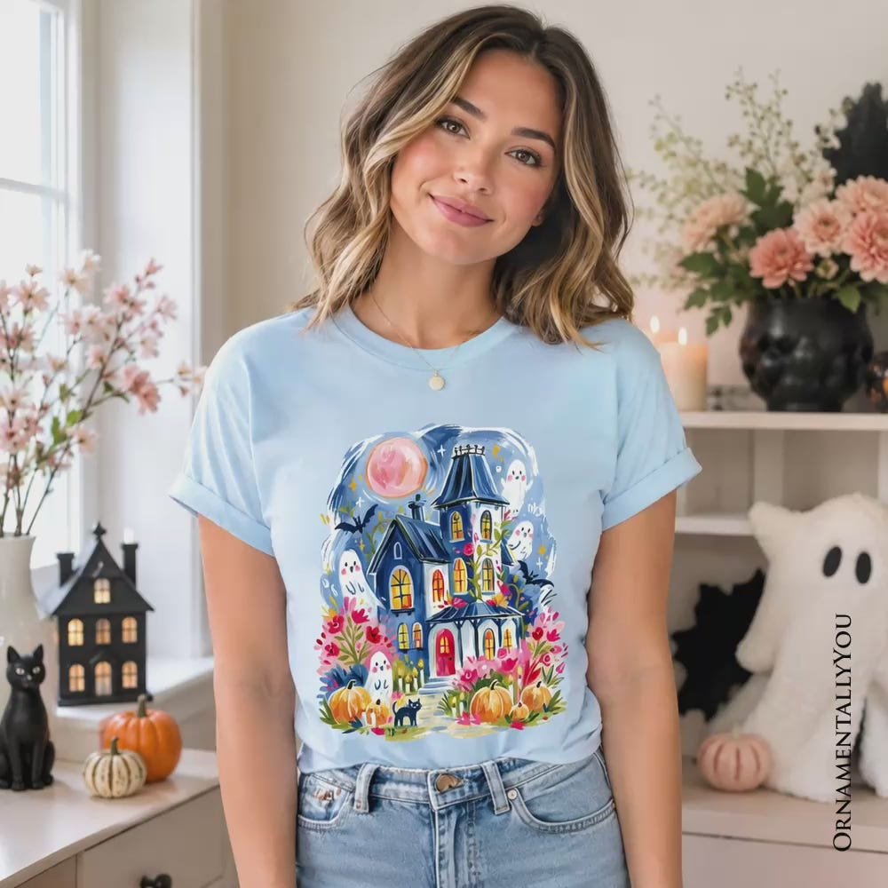 Watercolor Haunted House T-Shirt, Colorful Ghost Pumpkin Halloween Tee