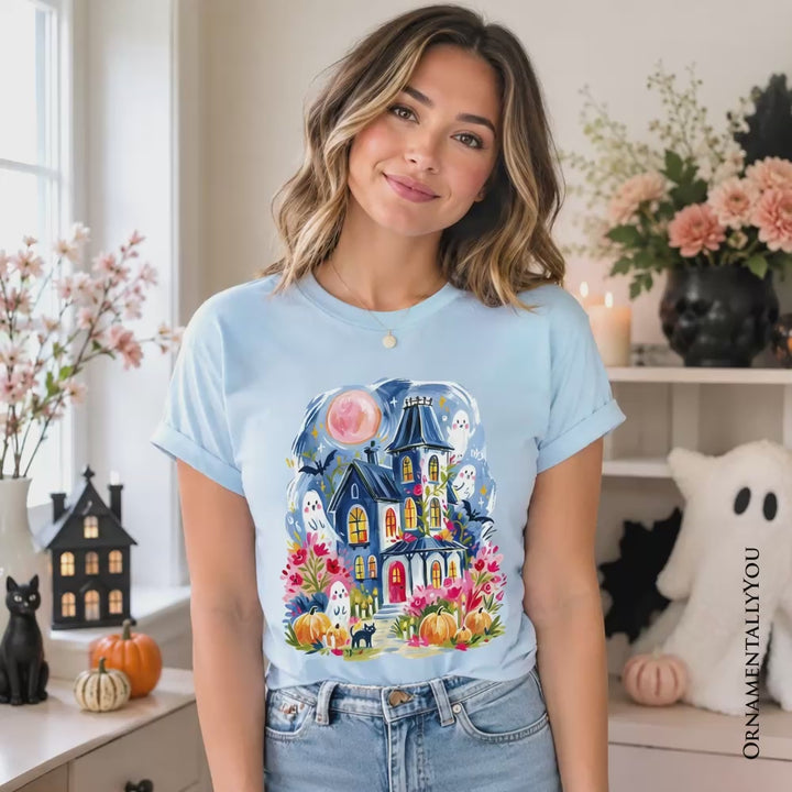 Watercolor Haunted House T-Shirt, Colorful Ghost Pumpkin Halloween Tee