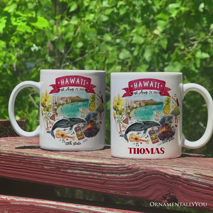 Artistic Hawaii State Themes and Landmarks Personalized Mug With Custom Name