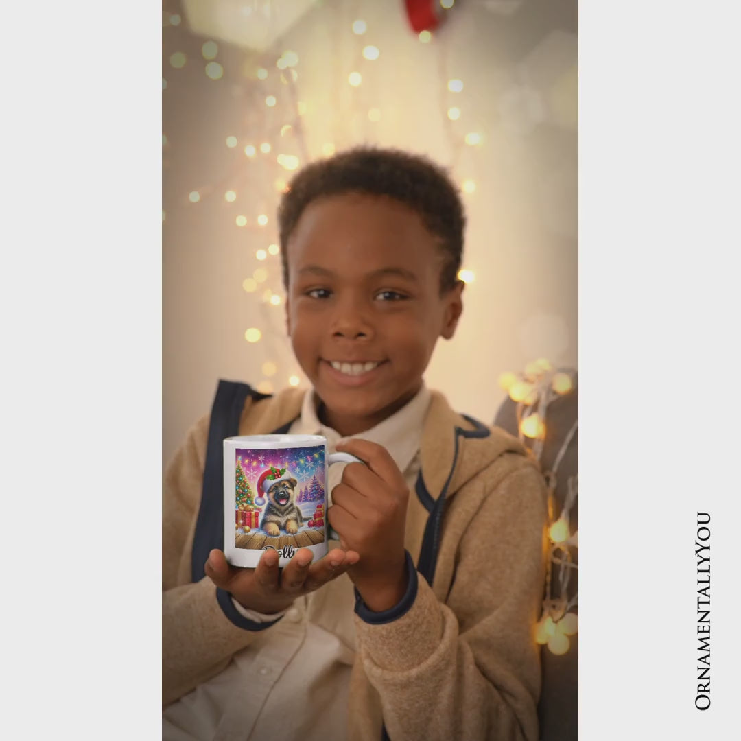 Snowy German Shepherd Puppy Personalized Mug, Heartwarming Christmas Gift with Custom Name