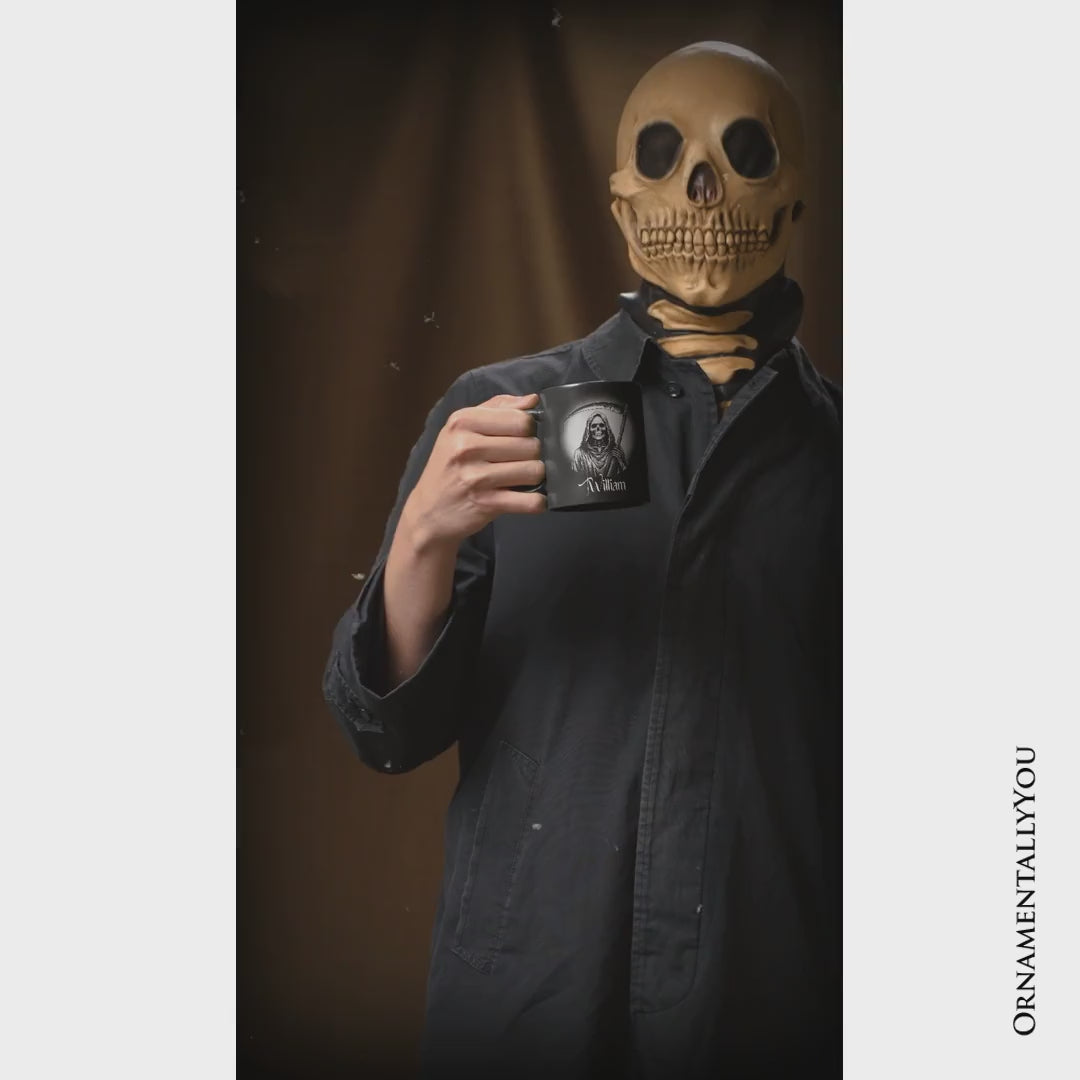 Grim Reaper Spooky Portrait Personalized Mug Horror Villain Theme Halloween Gift with Custom Name