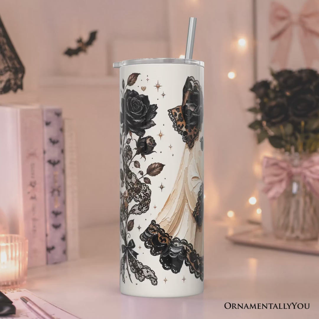 Preppy Ghost With Black Cat 20oz Personalized Tumbler With Lid and Stainless Steel Straw, Coquette Gothic Halloween Gift Cup