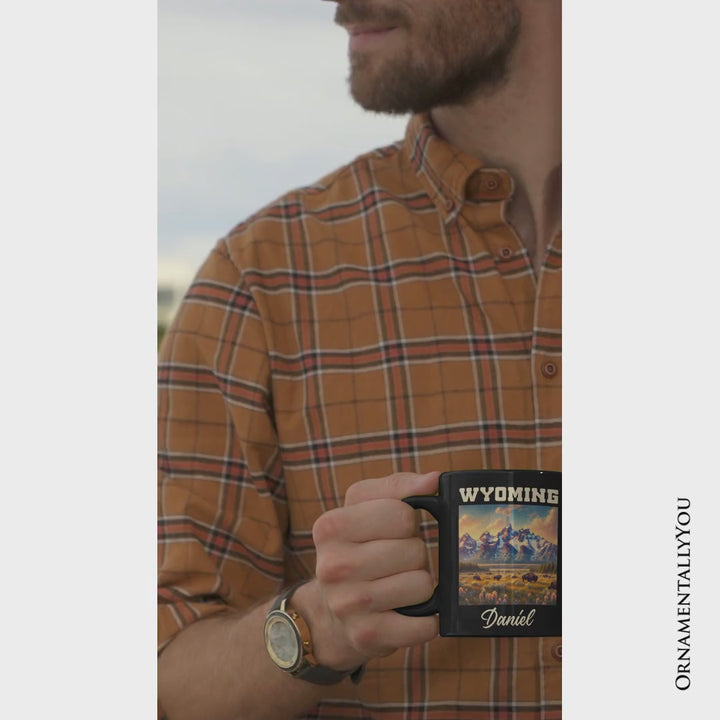 Majestic Wyoming State Prairie Personalized Mug, Grand Teton Bison Gift and Western Landscape Souvenir with Custom Name