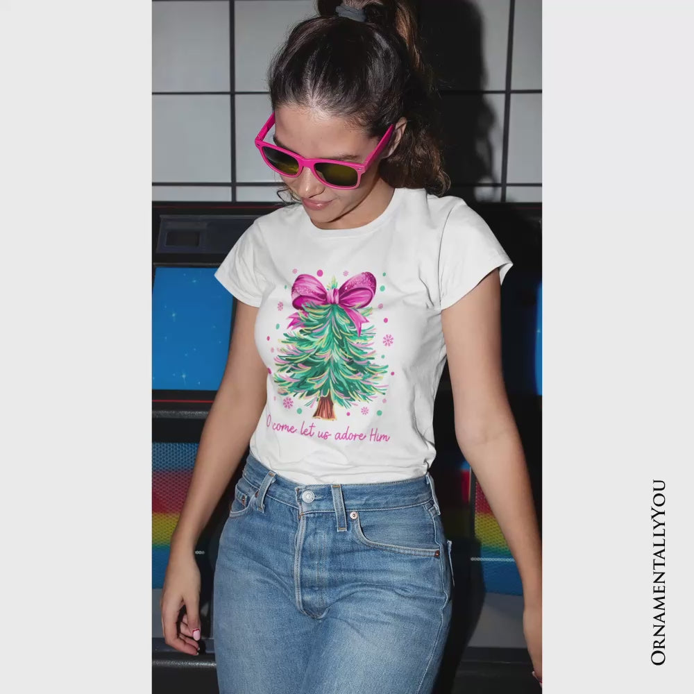 Glitter Christmas Tree Coquette Bow T‑Shirt, O Come Let Us Adore Him Holiday Tee