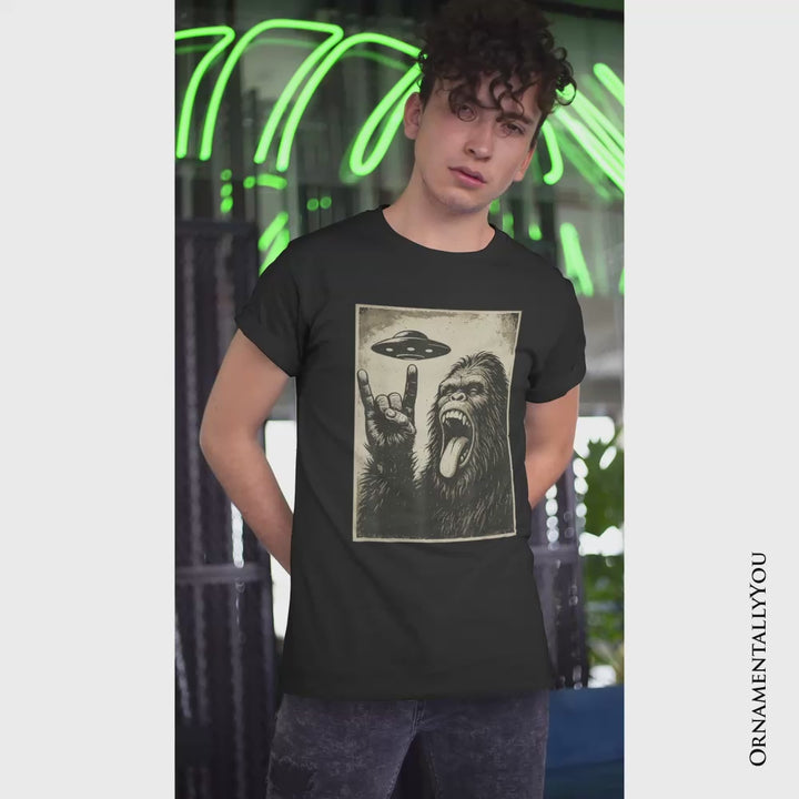Bigfoot UFO Funny T-Shirt, Rock and Roll Sasquatch Meme Tee