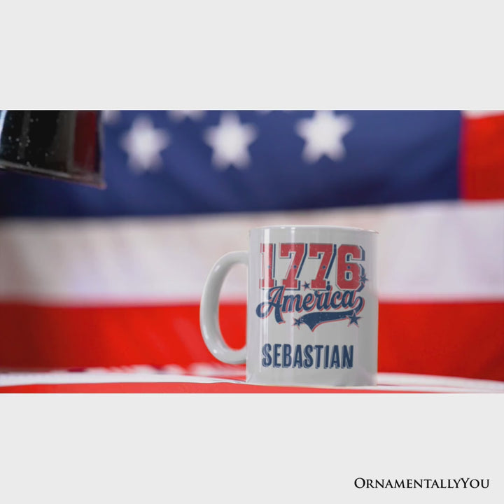 1776 America Vintage Personalized Mug, Patriotic Retro USA Freedom 4th of July Gift with Custom Name