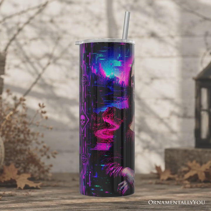 Cyberpunk Skeleton Mona Lisa Glitch 20oz Personalized Tumbler With Lid and Stainless Steel Straw, Neon Synthwave Art Gift Cup