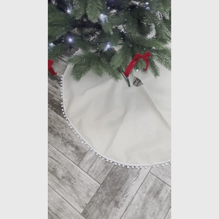 Cream Colored Pom Pom Christmas Tree Skirt