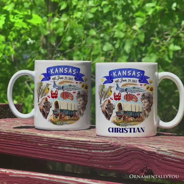 Artistic Kansas State Themes and Landmarks Personalized Mug With Custom Name