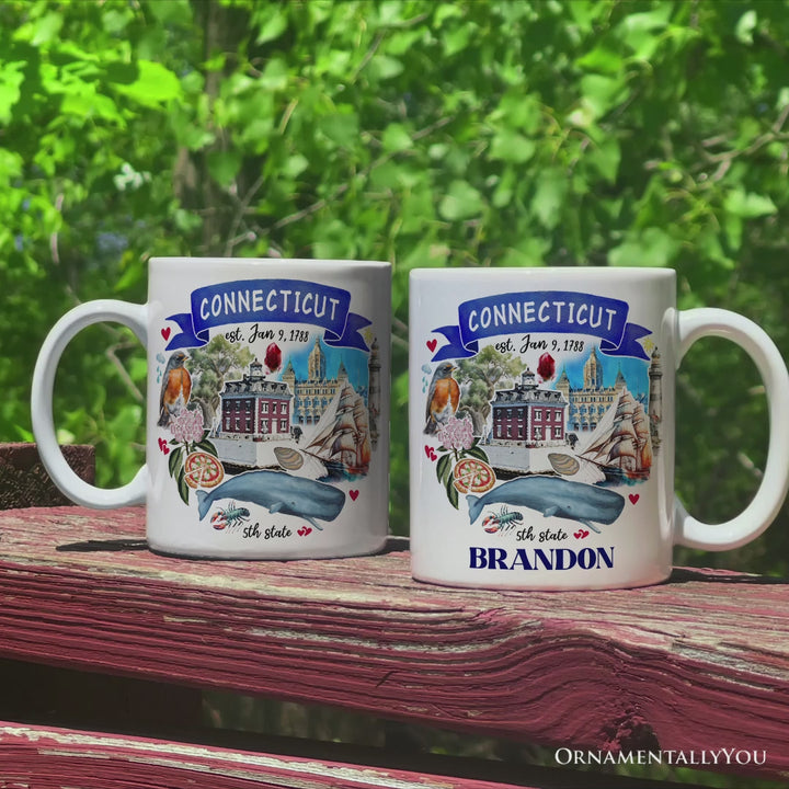 Artistic Connecticut State Themes and Landmarks Personalized Mug With Custom Name