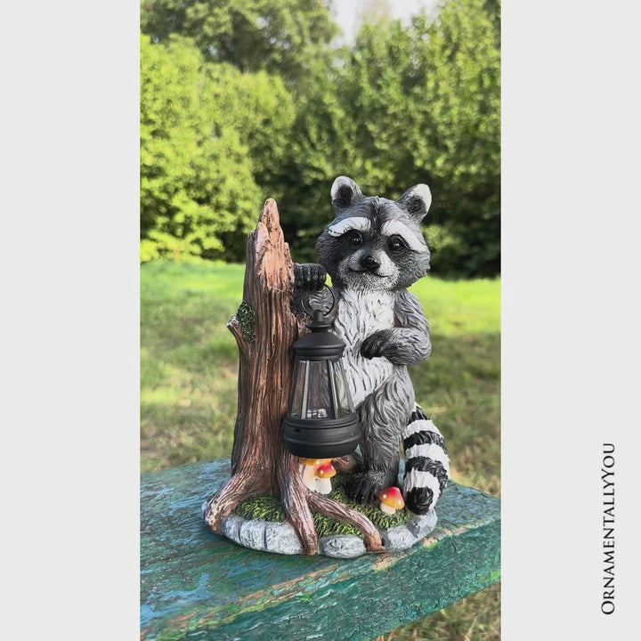 Raccoon Solar Lamp Garden Statue, 9" Lighted Animal Figurine Outdoor Decor
