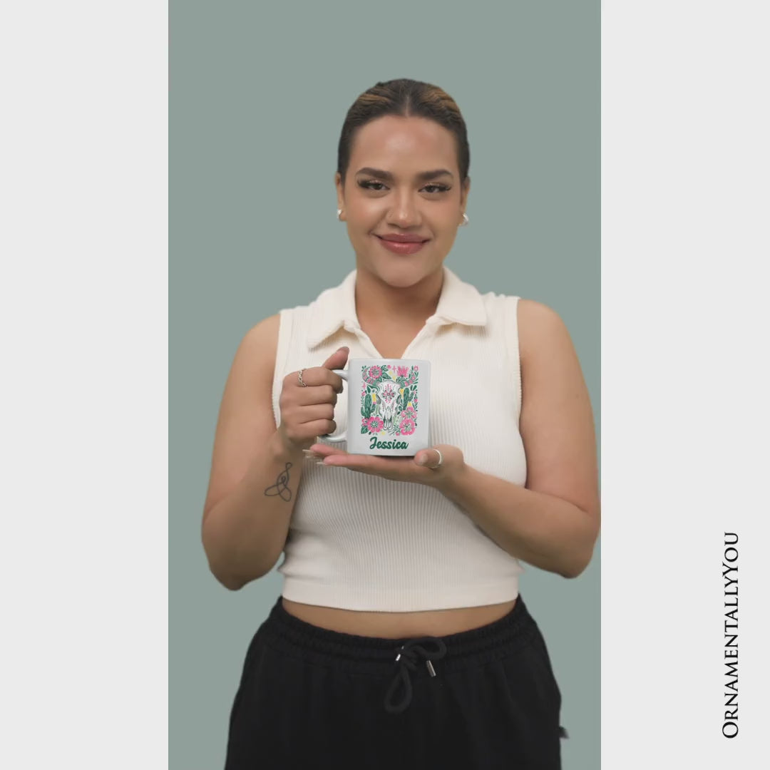 Western Floral Cow Skull Personalized Mug, Boho Cowgirl Wildflower Cactus Gift with Custom Name