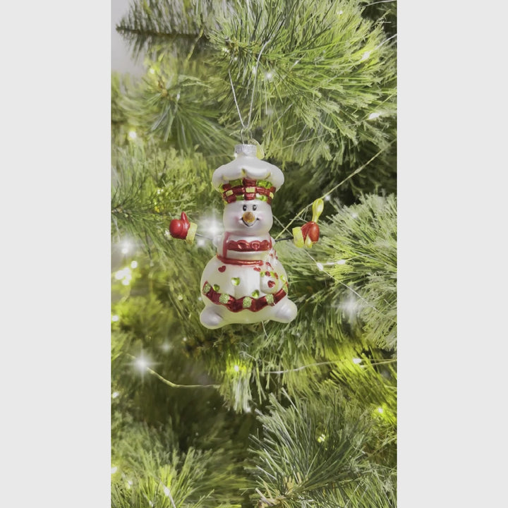 Cheerful Holiday Snowman Chef Glass Christmas Ornament