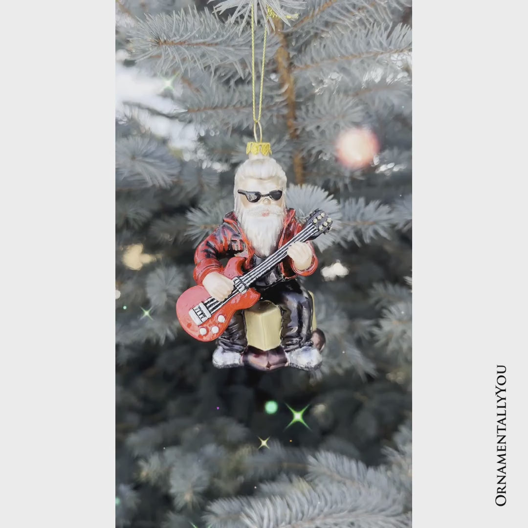 (Pre-Order) Rock Guitarist Santa Claus Glass Christmas Ornament, Rocker Musician Gift