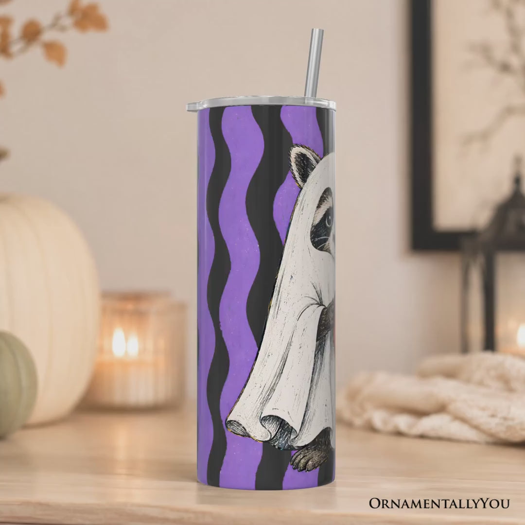 Ghost Costume Raccoon 20oz Personalized Tumbler With Lid and Stainless Steel Straw, Halloween Pumpkin Coffee Mug Gift Cup