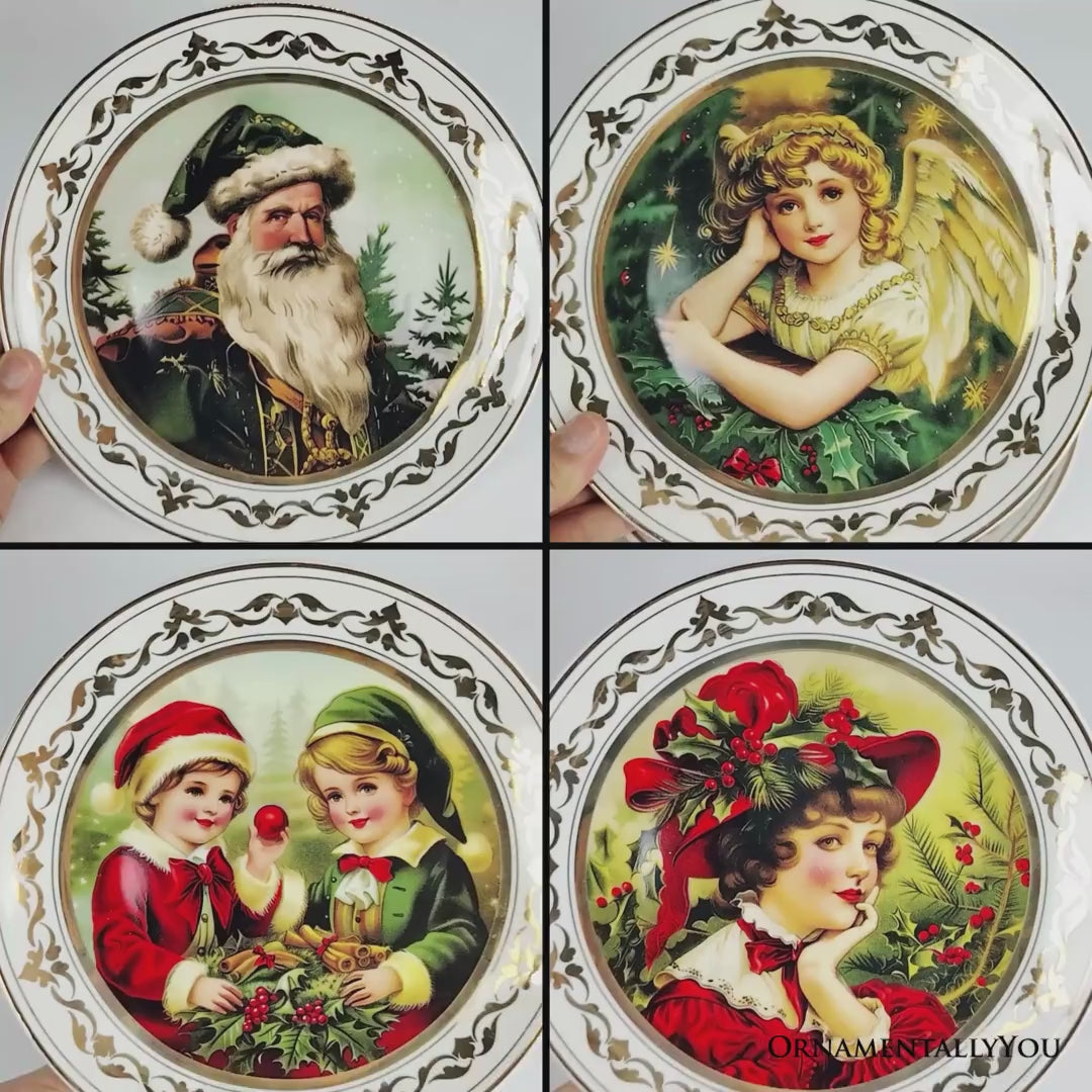 Victorian Elegance Set of 4 Plates with Real Gold Trim, Holiday Christmas Red and Green Tableware Collection