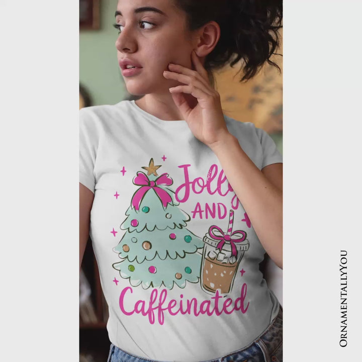 Jolly and Caffeinated Christmas Tree T-Shirt, Retro Coquette Coffee Holiday Tee