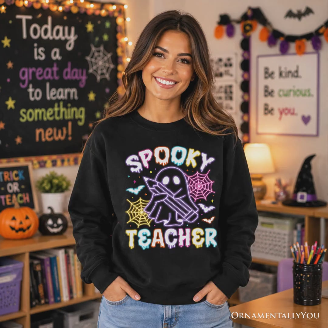 Spooky Teacher Neon Ghost Sweatshirt, Retro Halloween Sweater for Educators