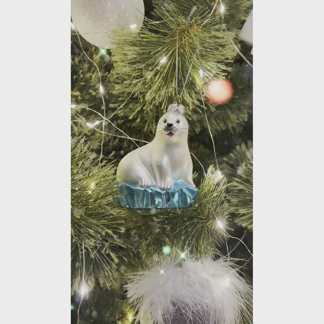 White Seal on a Glacier Glass Christmas Ornament, Pinnipeds and Sea Lion Themed Decor