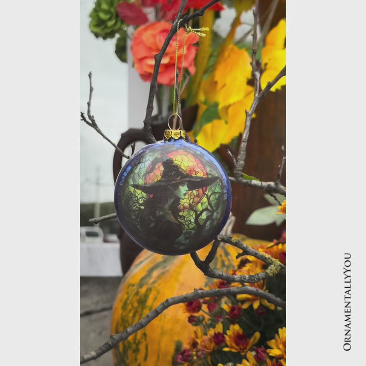 Witch and Black Cat Stained Glass Handblown Ornament, Spooky Halloween and Christmas Tree Decor