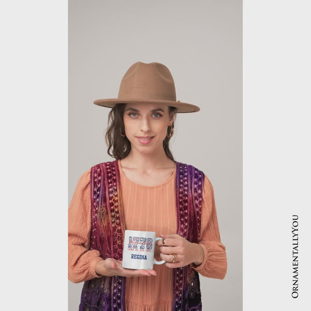 Retro America 1776 Floral Personalized Mug, Land of the Free Patriotic Gift with Custom Name