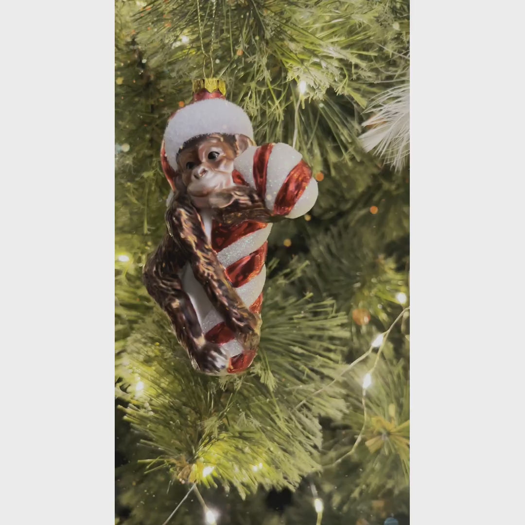 Cute Monkey with Candy Cane Glass Christmas Ornament, Adorable Chimp Holiday Tree Decor