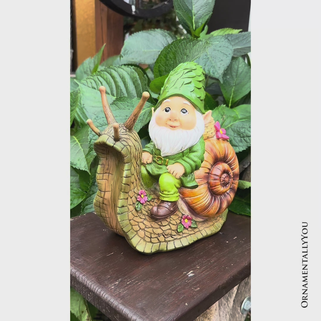 The Snailbound Gnome Cute Verdant Garden Statue, 10" Outdoor Yard or Forest Snail Decoration