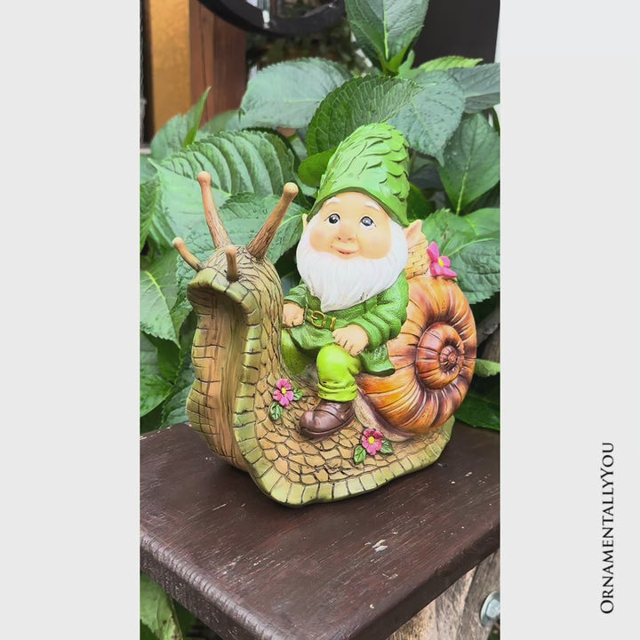 The Snailbound Gnome Cute Verdant Garden Statue, 10" Outdoor Yard or Forest Snail Decoration