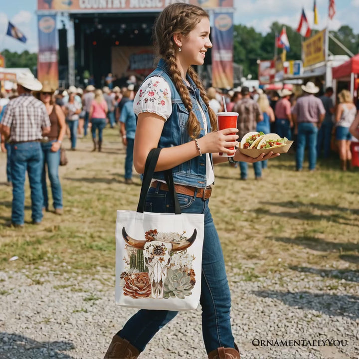 Boho Floral Cow Skull Tote Bag, Western Autumn Cowgirl Gift Shopper