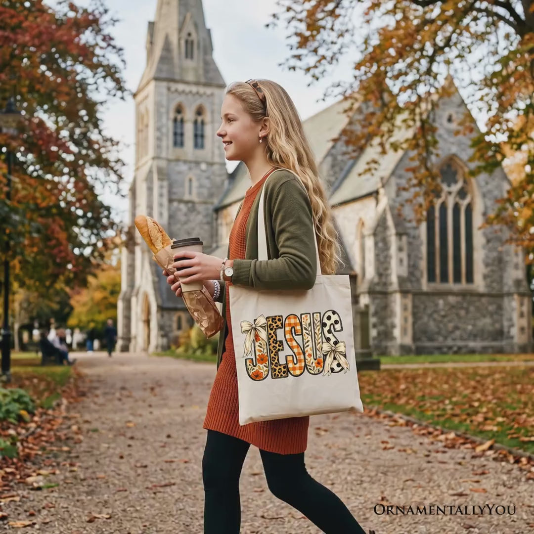 Jesus Coquette Fall Tote Bag, Leopard Plaid Floral Christian Faith Gift Shopper
