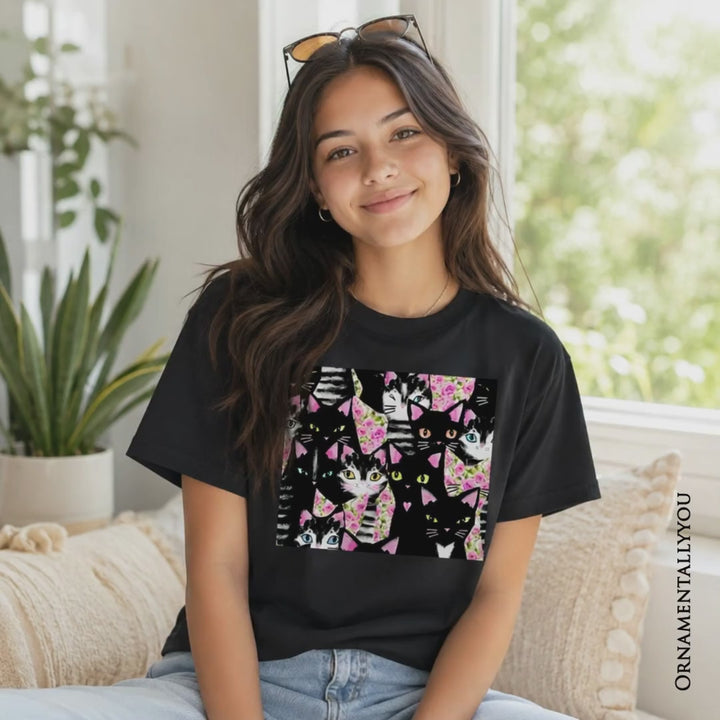Floral Cat Pattern Kids T-Shirt, Cute Kitten Collage Tee for Youth Girls
