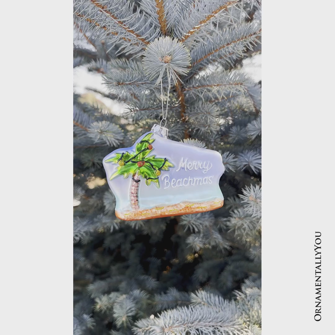 Merry Beachmas Christmas Palm Tree Glass Ornament, Xmas in July Tropical Decor