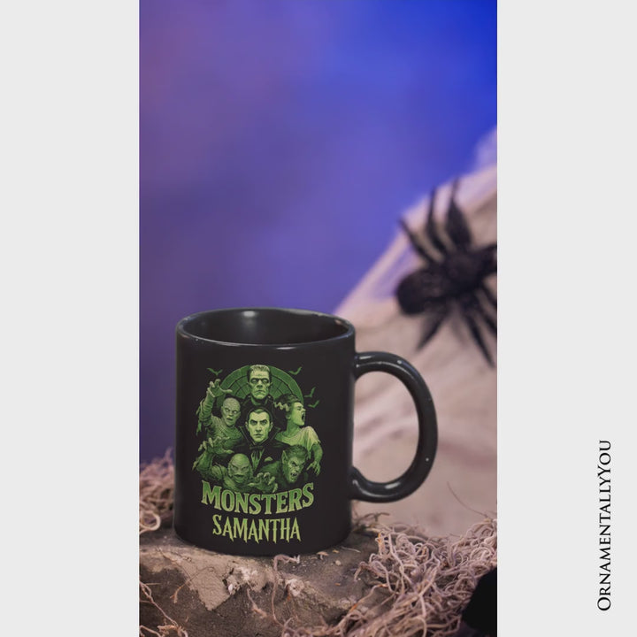 Green Retro Monsters Personalized Mug, Vintage Classic Horror Halloween Gift with Custom Name
