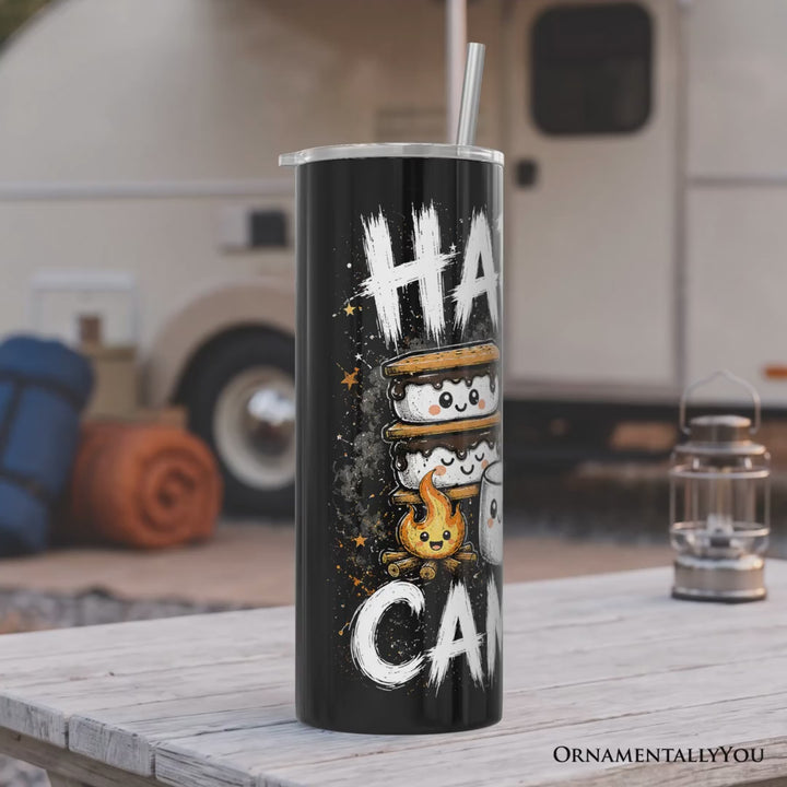 Fireside Snacks Happy Camper 20oz Personalized Tumbler With Lid and Stainless Steel Straw, Funny Outdoor Campfire Gift Cup