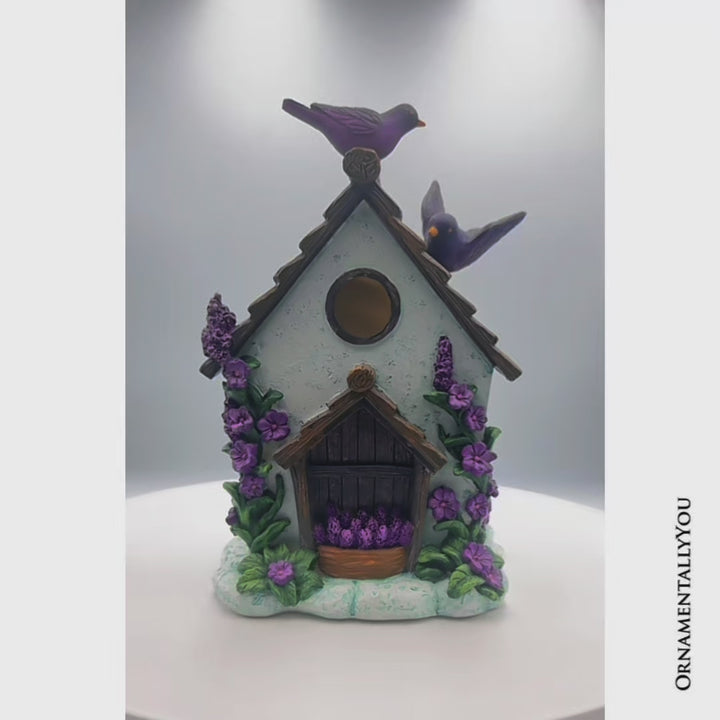 Lovely Floral Lavender Bird House Figurine, 7" Novelty Cottage Garden Decor