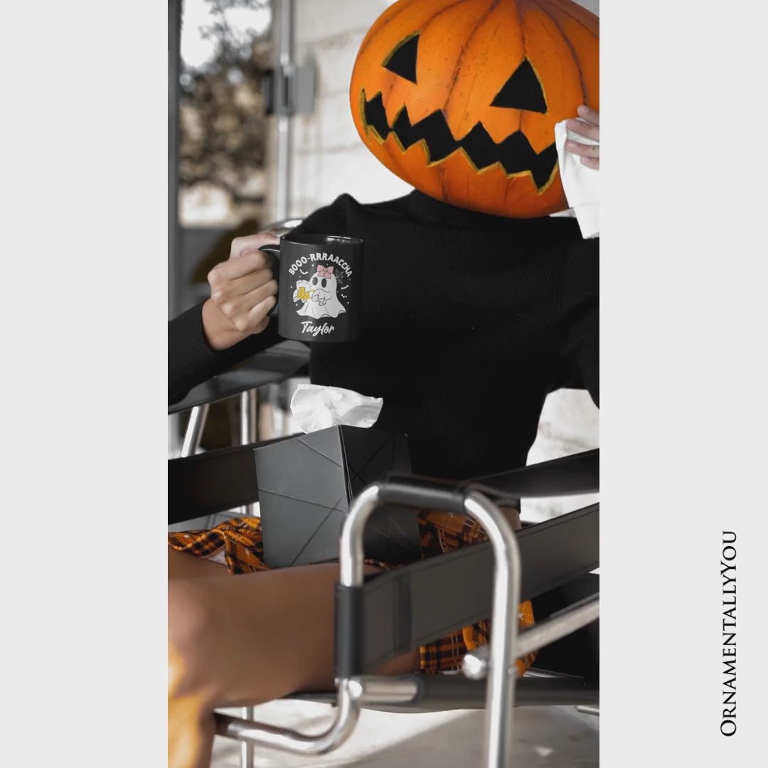 Boo-Rracha Halloween Ghost Personalized Mug, Funny Mexican Drunk Gift with Custom Name and Spooky Vibes
