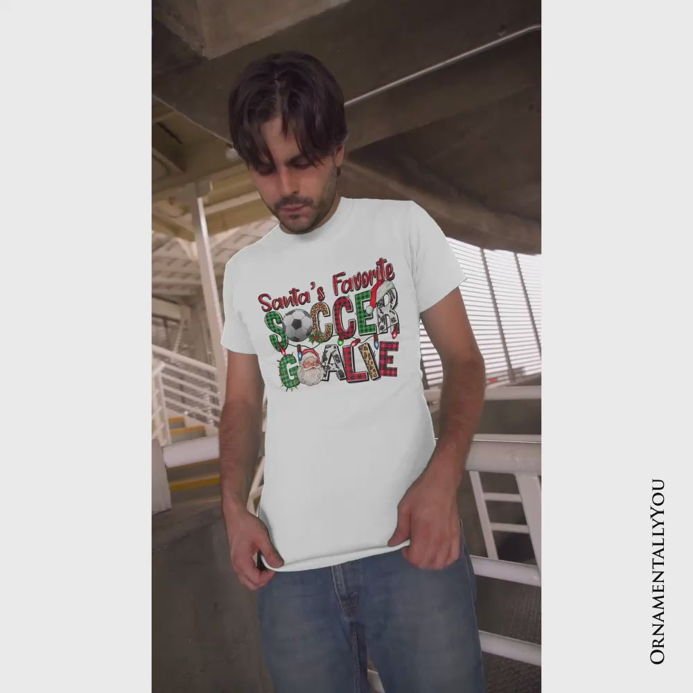 Santa’s Favorite Soccer Goalie Plaid Christmas T-Shirt, Sports Team Holiday Tee
