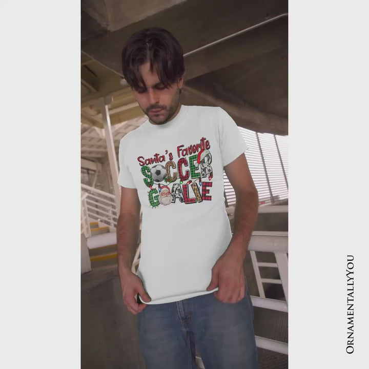 Santa’s Favorite Soccer Goalie Plaid Christmas T-Shirt, Sports Team Holiday Tee