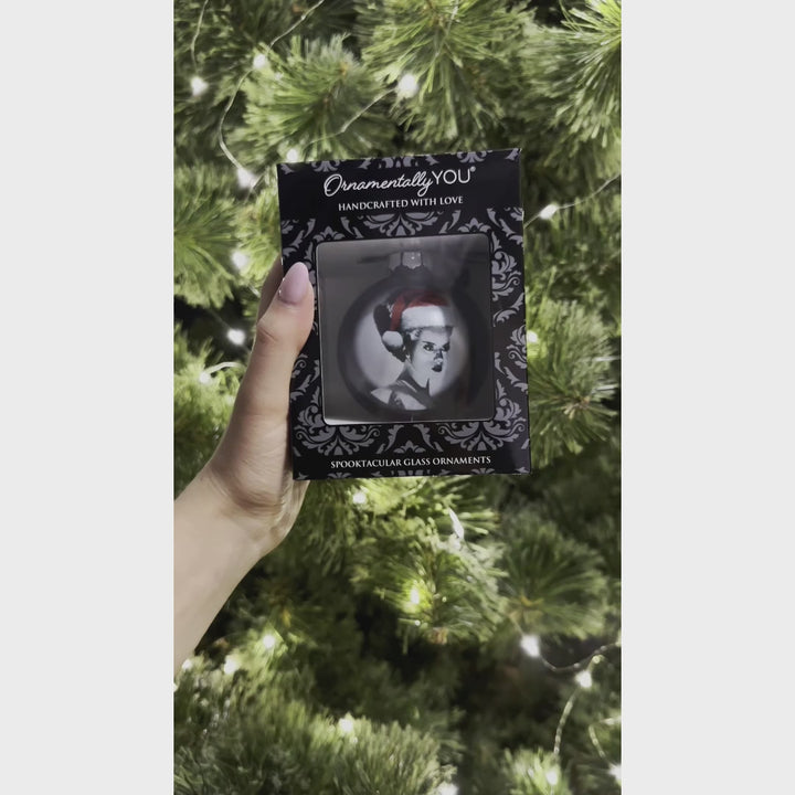 Frankenstein's Bride Christmas Spooky Portrait Glass Ornament, Black Horror Halloween Tree Decoration