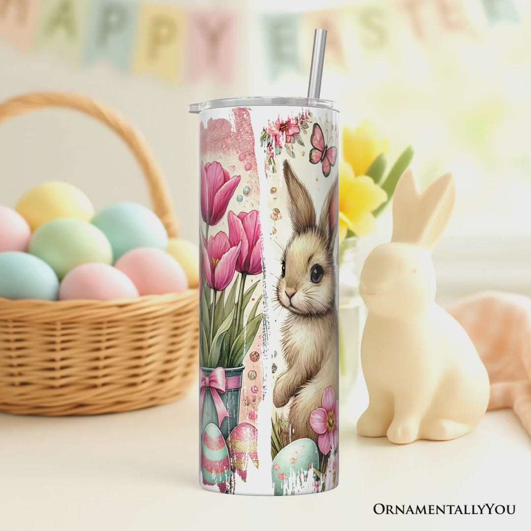 Pink Jesus and Bunny 20oz Personalized Tumbler With Lid and Stainless Steel Straw, Easter Brushstrokes Spring Gift Cup