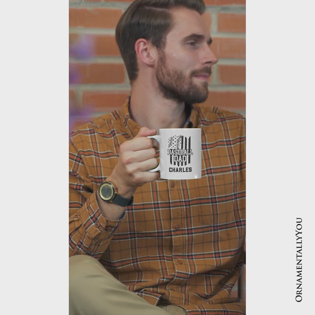Baseball Dad Personalized Mug, Patriotic Gift for Sports Fathers with Custom Name