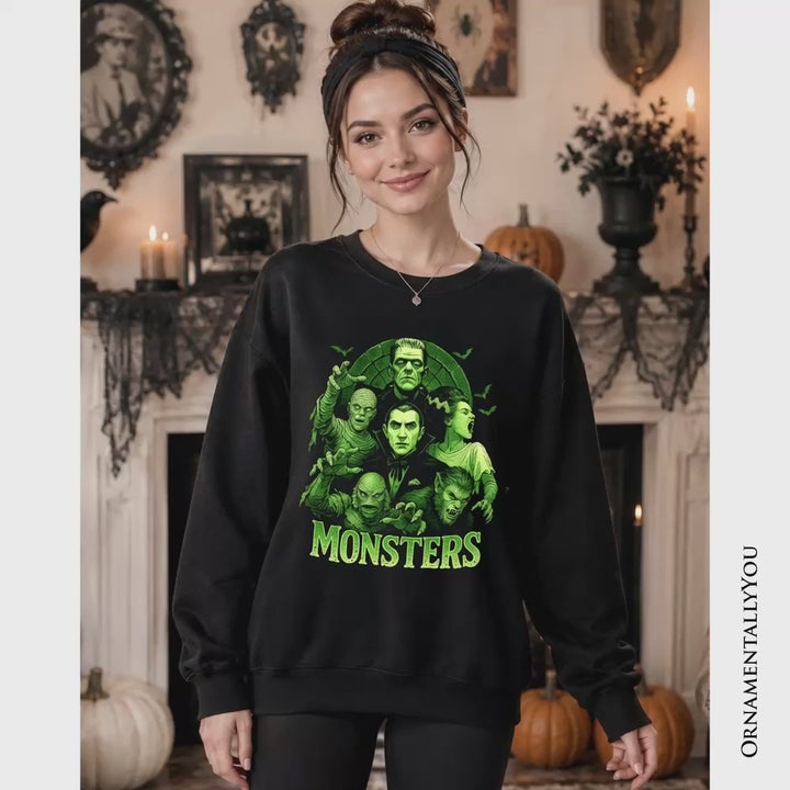 Green Retro Monsters Sweatshirt, Vintage Classic Horror Halloween Sweater