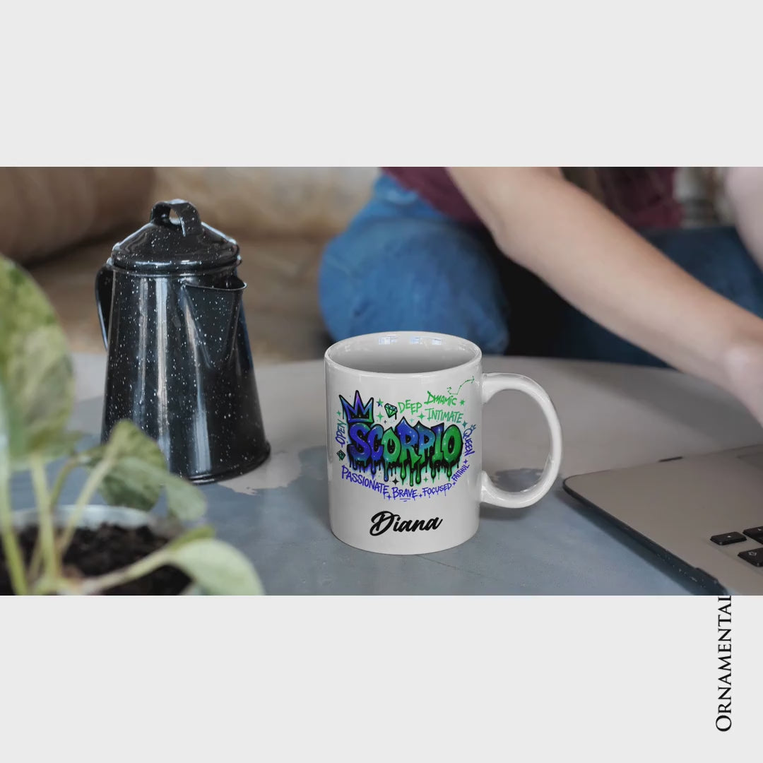 Scorpio Graffiti Zodiac Personalized Mug, Street Style Astrology Horoscope Gift with Custom Name