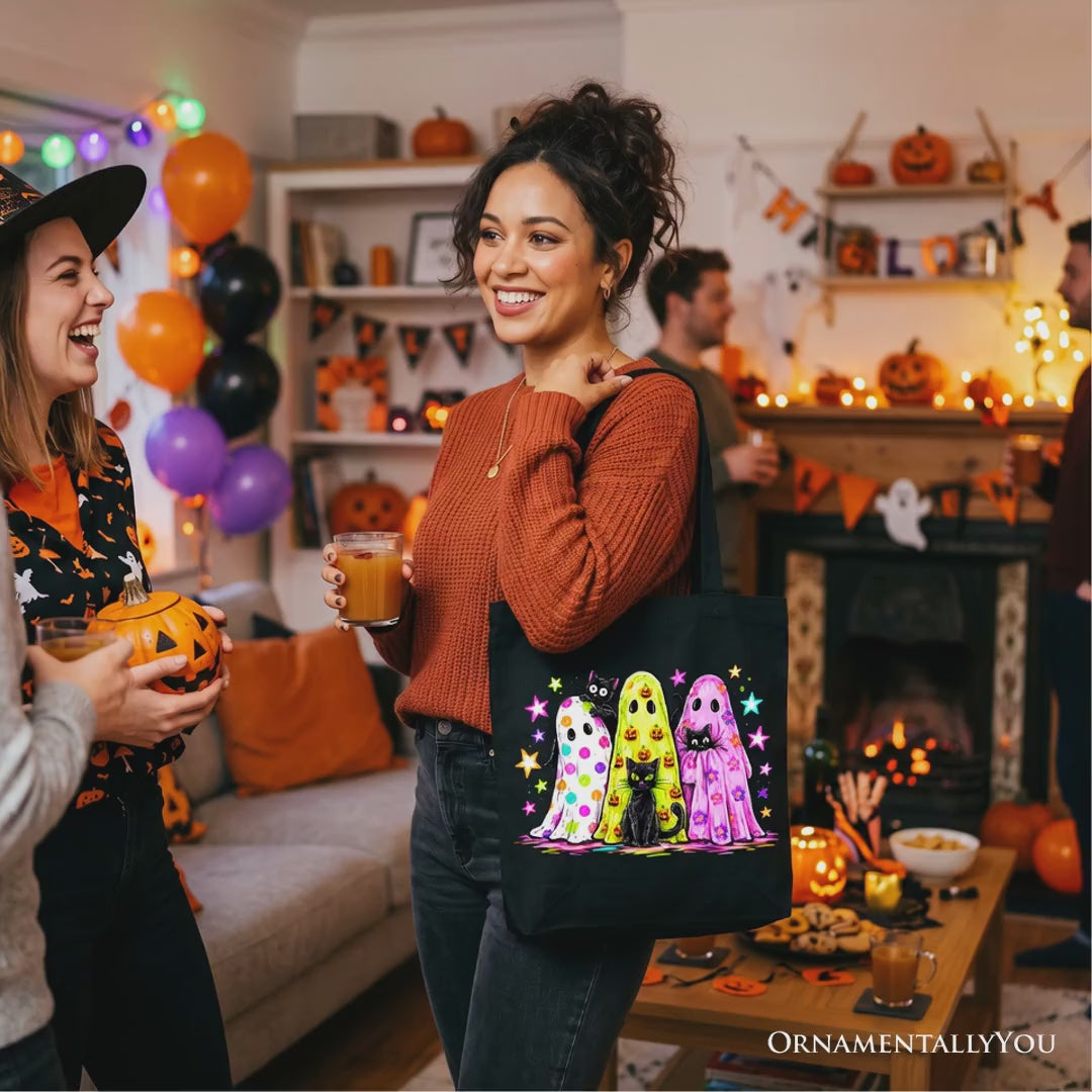 Colorful Ghosts and Black Cats Tote Bag, Neon Halloween Spooky Season Gift Shopper