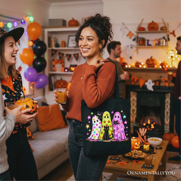 Colorful Ghosts and Black Cats Tote Bag, Neon Halloween Spooky Season Gift Shopper