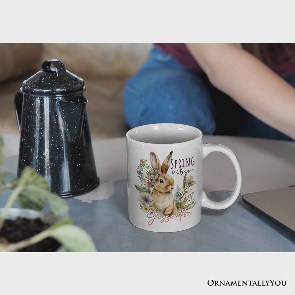 Artistic Watercolor Spring Vibes Personalized Mug, Floral Bunny Custom Gift with Name