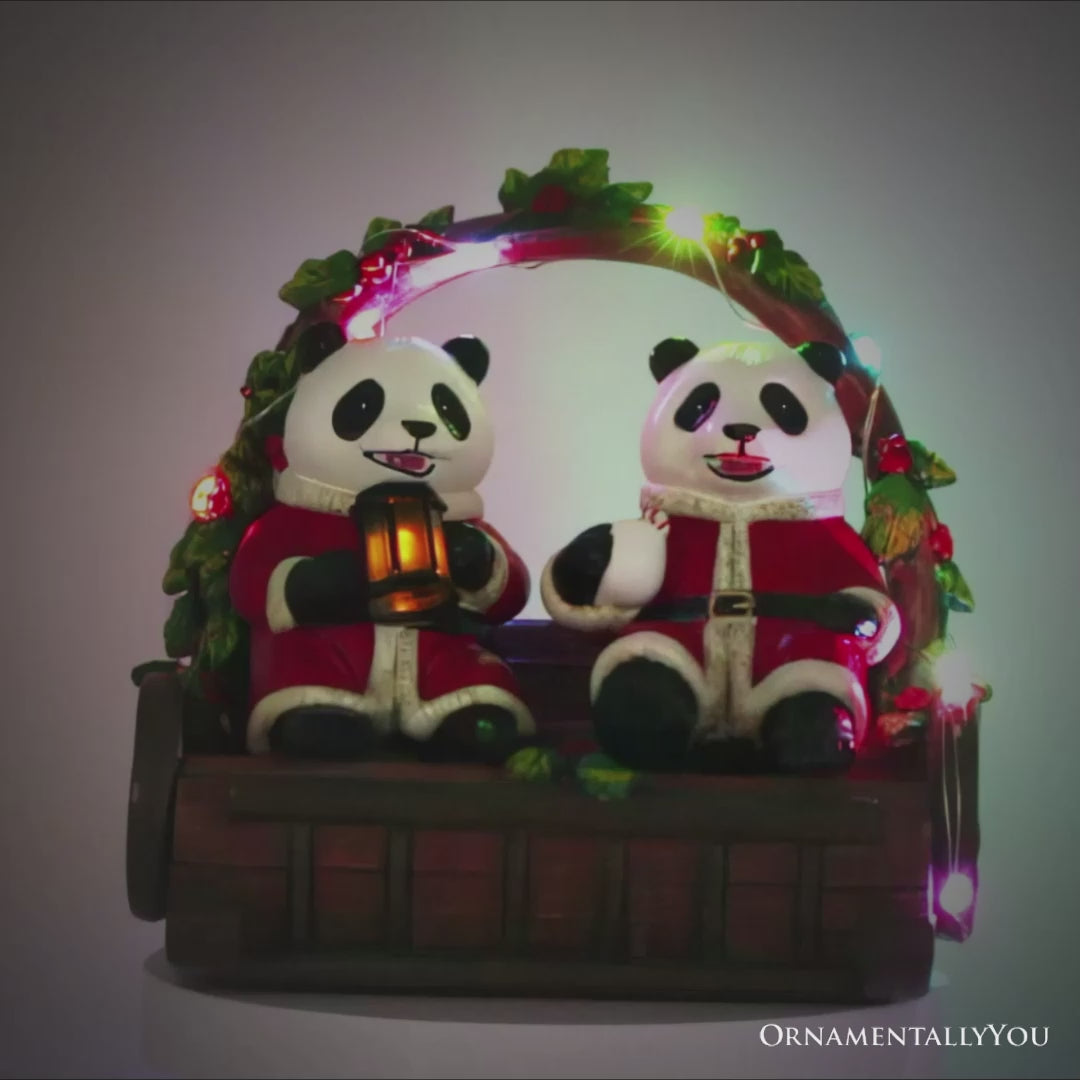 Nostalgic Panda Duo Festive Lighted Figurine, 6" LED Christmas Bear Statue