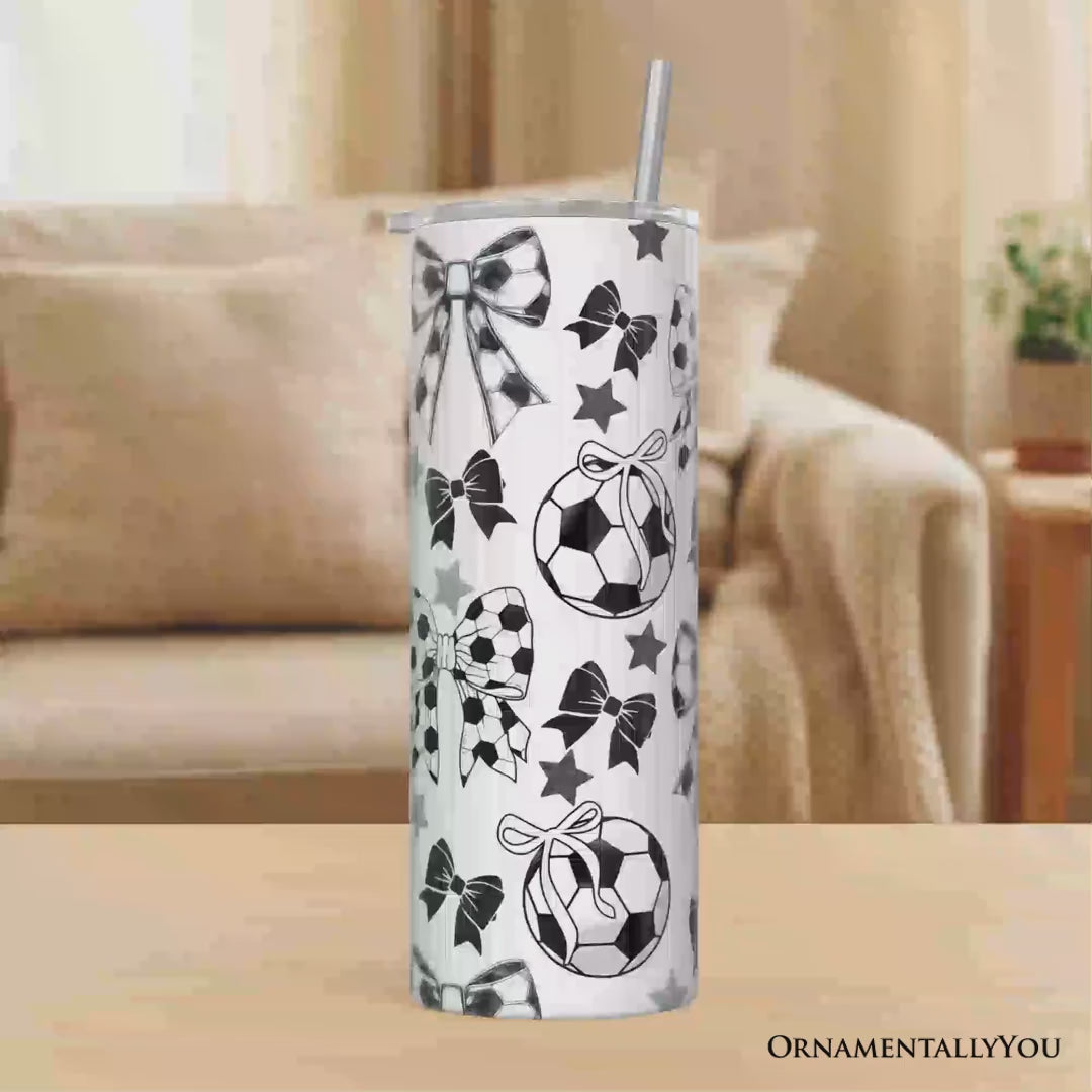 Coquette Black and White Soccer Bow 20oz Personalized Tumbler With Lid and Stainless Steel Straw, Sporty Girls Pattern Gift Cup