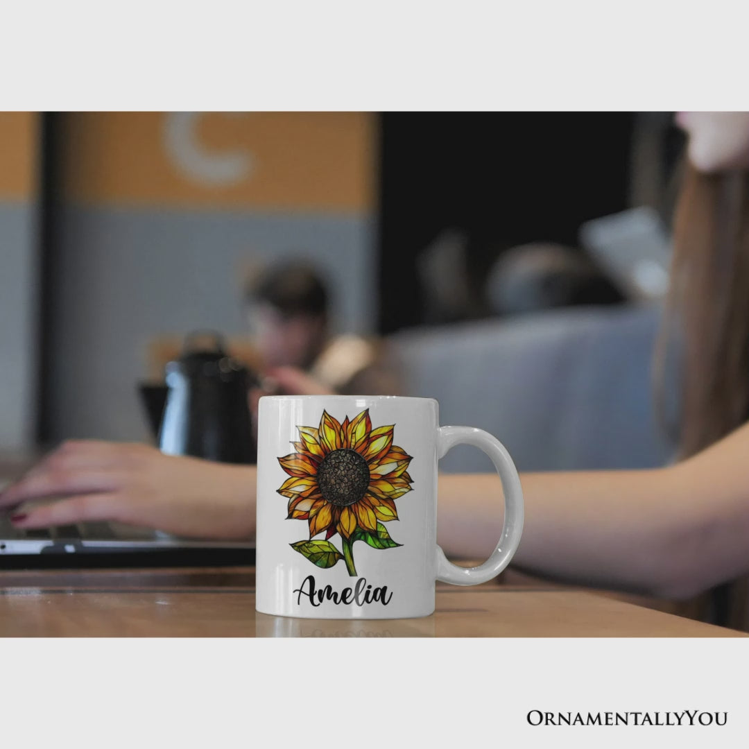 Sunflower Stained Glass Personalized Mug, Sunshine in Life Custom Name Gift